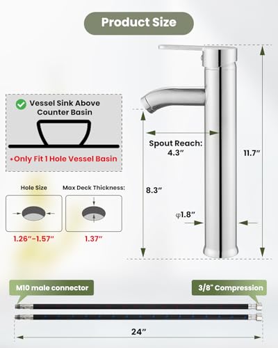gotonovo Bathroom Vessel Sink Faucet Metal Pop Up Drain, Polish Chrome | Tall Bathroom Faucet 1 Hole Single Handle Modern Round Body, cUPC Water Supply Hoses, for Basin Vanity Lavatory Restroom Rv - color: Chrome