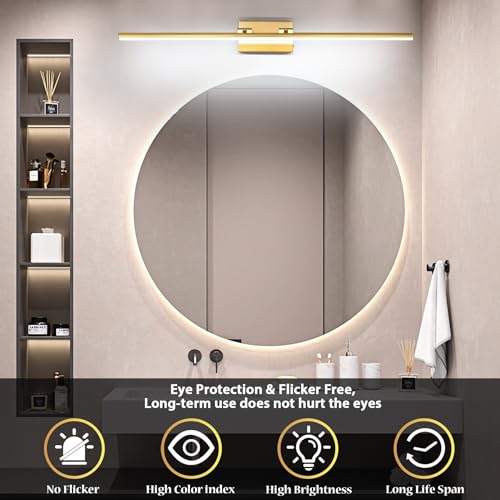 LED Bathroom Vanity Light, Modern Bathroom Light Fixture Over Mirror (3000K/4000K/6000K, Dimmable), Vanity Light Bar with Angle Adjustable, 40 Inch, Brass - color: Brass, size: 40 inch