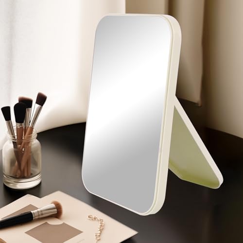 8 Inch Desktop & Wall Hanging Makeup Mirror, Foldable Portable Princess Mirror with Stand, Khaki - color: Khaki