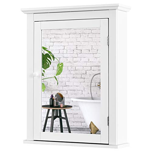 Tangkula Bathroom Cabinet with Mirror, Mirrored Wall-Mounted Storage Medicine Cabinet w/Single Door & Adjustable Shelf in 5 Positions, Multipurpose Wall Cabinet for Bathroom (White) - color: White
