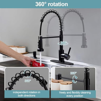 Kitchen Faucets with Pull Down Sprayer and Soap Dispenser, Matte Black Stainless Steel Single Pull Out Spring Sink Faucet, 3 Function Sprayer 1 or 3 Hole Deck Plate for Farmhouse Rv Bar - color: Matte Black, style: Classic(with Soap Dispenser)