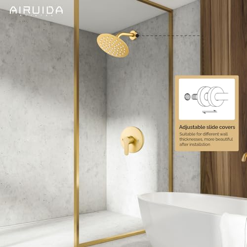 Airuida Shower Faucet Set,6 Inch Brushed Gold Shower Trim Kit | Round Rainfall Shower Head,Single Handle,Male Threads Rough-in Valve,Wall Mount Bathroom System - color: Gold, size: 6 Inch
