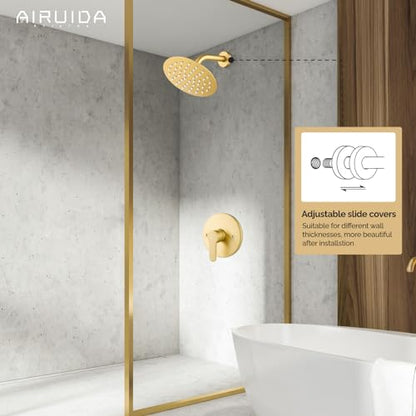 Airuida Shower Faucet Set,6 Inch Brushed Gold Shower Trim Kit | Round Rainfall Shower Head,Single Handle,Male Threads Rough-in Valve,Wall Mount Bathroom System - color: Gold, size: 6 Inch