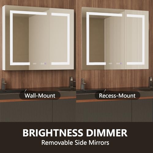 42" W Smart Lighted Medicine Cabinet with Mirror for Bathroom, Recessed/Surface Mount Medicine Cabinet with Anti-Fog, 1800W Charging Station, USB Ports, 3 Color Lights
