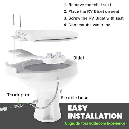RV Bidet Toilet Seat Attachment, RV Bidet for Camper Toilet with Dual Nozzles, Self/Rear/Front Cleaning, Non-Electric, Adjustable Water Pressure, Fresh Water - color: Aqua-Chrome