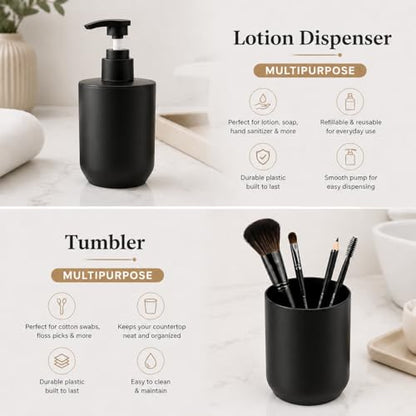 LGURT Matte Black Bath Accessories — 4-Pc Dispenser, Tumbler, Cup & Tray | Plastic, Lotion 10oz / 300ml, Vanity Tray (7.87"×2.56"), Compact for Dorm & Rentals. - color: Model 1-matte Black