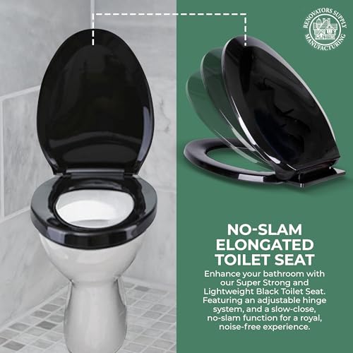 Renovators Supply Manufacturing Plastic Soft Close Toilet Seat Elongated Quiet-Close Lid, Contoured Seat, Easy to Install and Clean, Grip-Tight Bumpers with Adjustable Mounting Hardware, Black - color: Black, size: Pack of 1