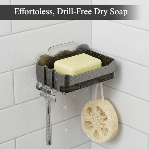 Double Layer Soap Dish with Suction Cup, No Drill Wall Mount Holder for Shower and Sink, PP Plastic Drainage Tray (1 PC) - color: Metallic