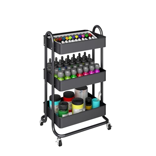 MIOCASA 3-Tier Metal Utility Rolling Cart, Heavy Duty Multifunction Cart with Lockable Casters, Easy to Assemble, Suitable for Office, Bathroom, Kitchen, Garden (Dark Gray, 3-Tier-Metal) - style: Dark Gray