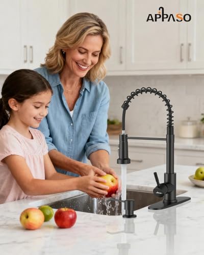 APPASO Black Kitchen Faucet with Soap Dispenser & Pull Down Sprayer | NSF/ANSI/CAN 372 & Lead-free, SUS304 Stainless Steel 3 Modes Faucet for Farmhouse, Bar & RV - color: Black Matte