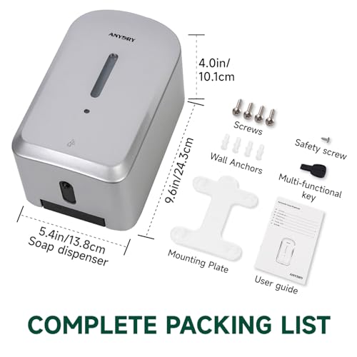 anydry Commercial Automatic Soap Dispenser 34oz Large Capacity Wall-Mounted | Touchless Liquid Dispenser, Five-Level Adjustment, Ideal for High-Traffic Bathroom, Restroom, Durable Wall-Mount Installation - color: Silver
