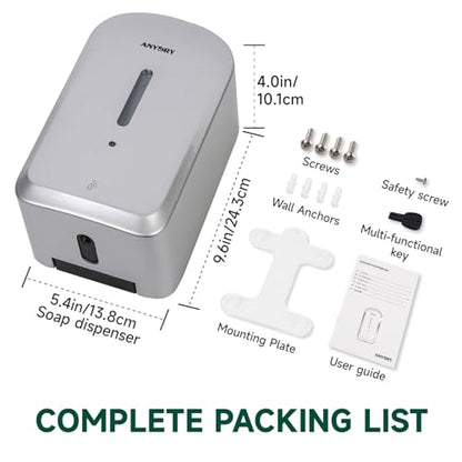 anydry Commercial Automatic Soap Dispenser 34oz Large Capacity Wall-Mounted | Touchless Liquid Dispenser, Five-Level Adjustment, Ideal for High-Traffic Bathroom, Restroom, Durable Wall-Mount Installation - color: Silver