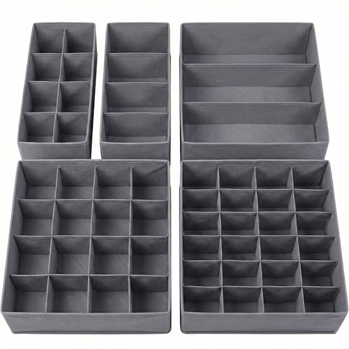 SUREMAX 5-Pack Underwear Drawer Organizer for Socks, Bras, Ties, Grey | Foldable, Fabric Drawer Dividers, Fits Standard 13"+ Dressers, 55 Compartments, for Bedroom, Closet, Bathroom