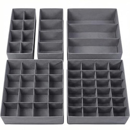 SUREMAX 5-Pack Underwear Drawer Organizer for Socks, Bras, Ties, Grey | Foldable, Fabric Drawer Dividers, Fits Standard 13"+ Dressers, 55 Compartments, for Bedroom, Closet, Bathroom
