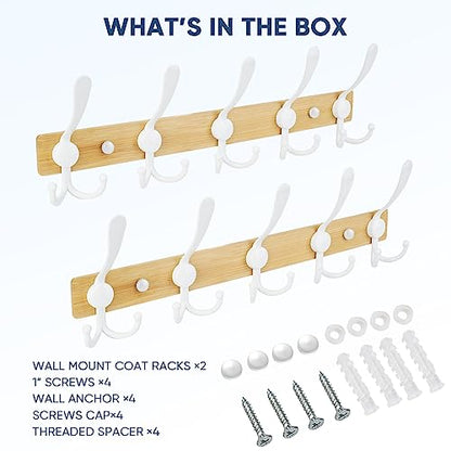 TICONN Wall Mounted Coat Rack, Five Heavy Duty Tri Hooks All Metal Construction for Jacket Coat Hat in Mudroom Entryway (Wood White, 2-Pack) - color: Wood White