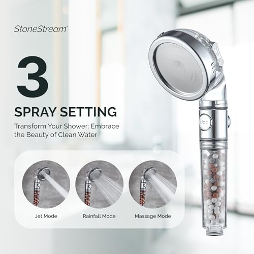 Original StoneStream Filtered Shower Head, Eco Power High Pressure Water Softener Showerhead with ON/OFF switch and Spa like Ionic beads for Dry Skin & Hair — 3 Spray Settings - style: 3-Setting Shower Head