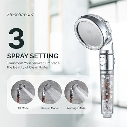 Original StoneStream Filtered Shower Head, Eco Power High Pressure Water Softener Showerhead with ON/OFF switch and Spa like Ionic beads for Dry Skin & Hair — 3 Spray Settings - style: 3-Setting Shower Head