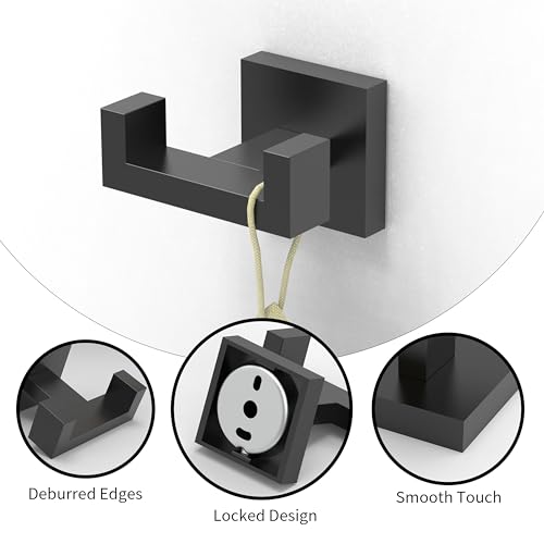 Ruacq Double Towel Hooks for Bathroom Wall Mounted, Matte Black, 1 Pack | Heavy Duty 304 Stainless Steel Hand Towel Hanger, Coat Robe Hook Holder for Kitchen Entryway Hotel, Square Base, Rustproof - color: Matte Black