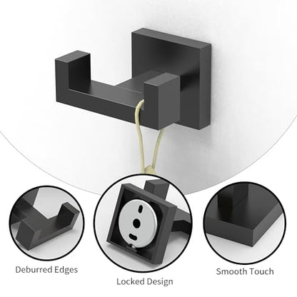 Ruacq Double Towel Hooks for Bathroom Wall Mounted, Matte Black, 1 Pack | Heavy Duty 304 Stainless Steel Hand Towel Hanger, Coat Robe Hook Holder for Kitchen Entryway Hotel, Square Base, Rustproof - color: Matte Black