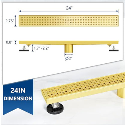 Neodrain 24" Linear Shower Drain, Gold 304 SS Bathroom Linear Drain,cUPC | Gold Shower Drain with Quadrato Grate& Adjustable Feet, Long Rectangle Shower Floor Drain in Bathroom, Balcony etc - color: Golden, size: 24 In