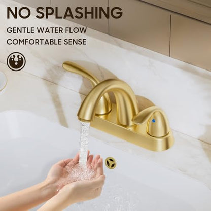 Brushed Gold 4 Inch Centerset 2 or 3 Holes 2 Handle Bathroom Faucet, Bathroom Faucet with Copper Pop Up Drain and Water Supply Lines, BF008-5-BG - color: Brushed Gold, style: 1 Pack