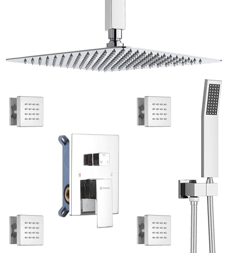 Polished Chrome Shower System with 4 PCS Shower Body Spray Jets & 12’’ Ceiling Shower Head & Handheld Spray, DASAN Full Body Shower Faucet System with Jets Rainfall Shower Combo Set, SA-SS03BCH-S12C - color: Chrome