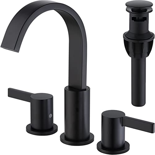 TRUSTMI 3 Hole Matte Black Bathroom Faucet 8 Inch Widespread, Brass Lavatory Vanity Sink Faucet with Overflow Pop-Up Drain and cUPC Waterlines, 360 Degree Swivel Spout - color: Matte Black