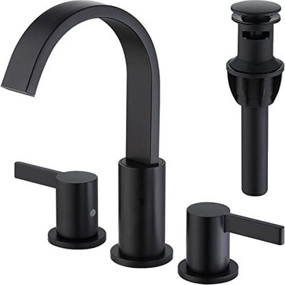 TRUSTMI 3 Hole Matte Black Bathroom Faucet 8 Inch Widespread, Brass Lavatory Vanity Sink Faucet with Overflow Pop-Up Drain and cUPC Waterlines, 360 Degree Swivel Spout - color: Matte Black