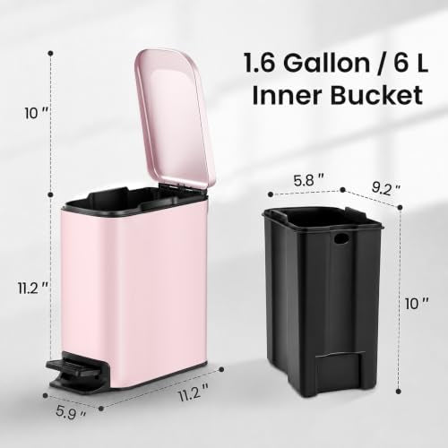 TIPGO Slim Bathroom Trash Can with Lid Soft Close, 6 Liter / 1.6 Gallon Stainless Steel Garbage with Removable Inner Bucket, Small Trash Bins for Bedroom, Office (Pink) - color: Pink