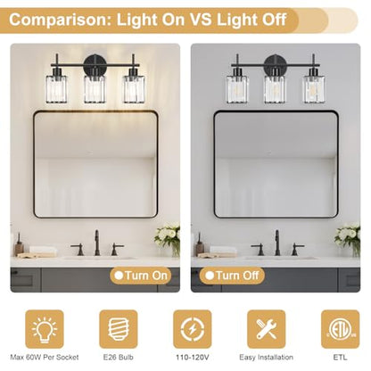 Black Bathroom Light Fixtures, Square, 3-Light | Vanity Lights with Crystal Shades, Modern Bathroom Lighting Fixtures over Mirror (Bulbs Not Included, E26) - color: Black (Square), size: 3-Light
