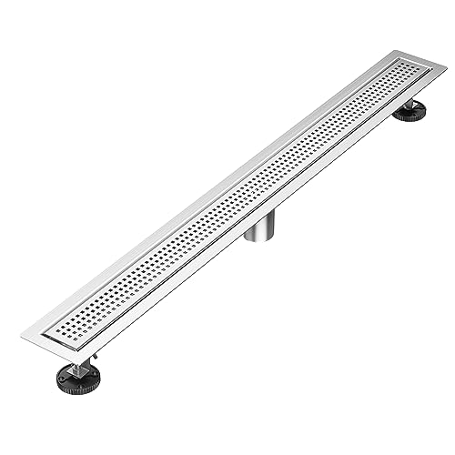 24 inch Linear Shower Drain with Square Hole Pattern Grate Cover | Brushed 304 Stainless Steel Bonding Flange Linear Drain, Low Profile Linear Shower Drain with Hair Strainer - color: 24 in, size: Quadrato Pattern