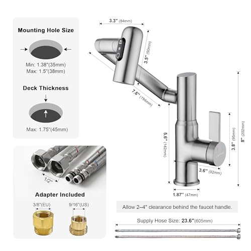 Rotatable Bathroom Faucet with Temperature Display in Fahrenheit (Batteries-Free), 3 Water Outlet Modes, Brushed Nickel - color: Silver
