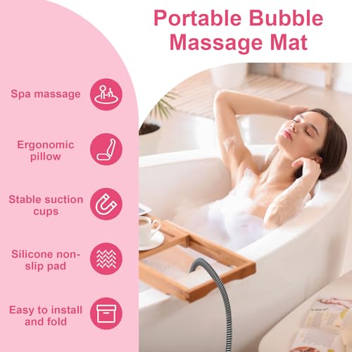 Bubble Bath Massager Mat with 6-Level Adjustment & Remote Control | Upgraded anti-slip suction cup，Inflatable pillow，Portable storage，Relieve muscle soreness and fatigue - color: Pink