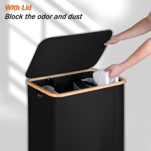 efluky Laundry Hamper with Lid, Trio Laundry Basket with 2 Removable Bags, 3 Section Laundry Bin with Bamboo Handles for Bathroom, Bedroom & Laundry Room, 160L (42.3 Gallon) Black - color: Black, size: 160L Trio