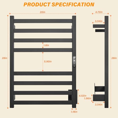 Towel Warmer Matte Black Heated Towel Rack for Bathroom | Electric Towel Dryer Rack with Temperature Control Plug-in/Hardwired heated towel rack with 304 stainless steel - color: Matte Black