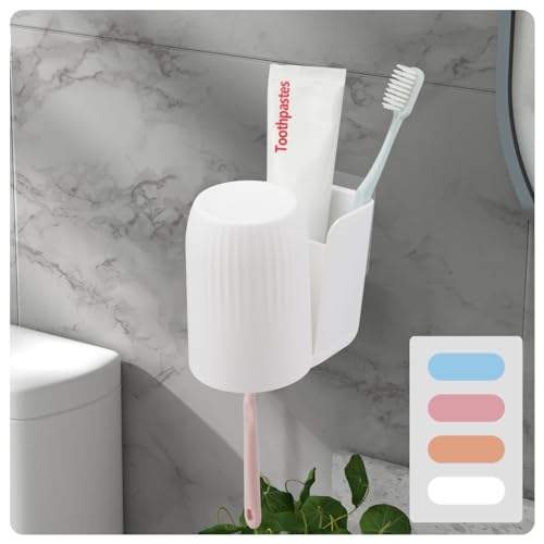 Toothbrush Holders for Bathrooms Toothbrush Holders Wall Mounted BPA-Free Tooth Brush Holder with Toothbrush Cup Drilling-Free (White) - color: White