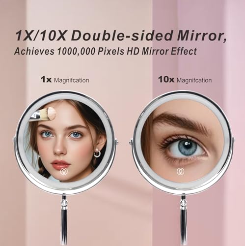 Makeup Mirror with Lights ，8 Inch 1X/10X Rechargeable Double Sided Magnifying, 360° Rotation LED HD Mirror with 3 Colors，Brightness Adjustable, Gifts for Women & Men