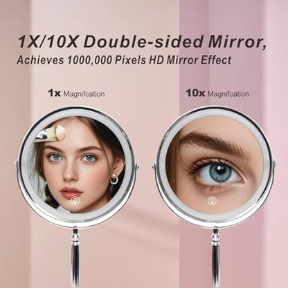 Makeup Mirror with Lights ，8 Inch 1X/10X Rechargeable Double Sided Magnifying, 360° Rotation LED HD Mirror with 3 Colors，Brightness Adjustable, Gifts for Women & Men