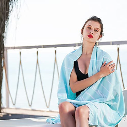 Turkish Beach Towel, Oversized 40" x 72", 100% Cotton - Aqua | Quick Dry, Sand Resistant, Reversible, Machine Washable, Lightweight Peshtemal Towel for Beach, Pool, Travel & Spa - color: Aqua