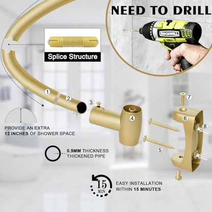 Curved Shower Curtain Rod 35-82In(2.9-6.8Ft), Gold Round Rustproof Shower Rod for Bathroom Bathtub, Adjustable Arched Shower Curtain Rod, Never Rust|Extra Space|Non-Slip|Expandable|Need to Drill. - color: Gold