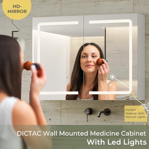 DICTAC Medicine Cabinet with Mirrors and Storage 31.5''x23.6'' Wall Mounted Bathroom Mirror Cabinets with Led Lights Double Doors Mirror Lighted Medicine Cabinets with Adjustable Storage Shelf,White - size: 31.5x23.62 inch