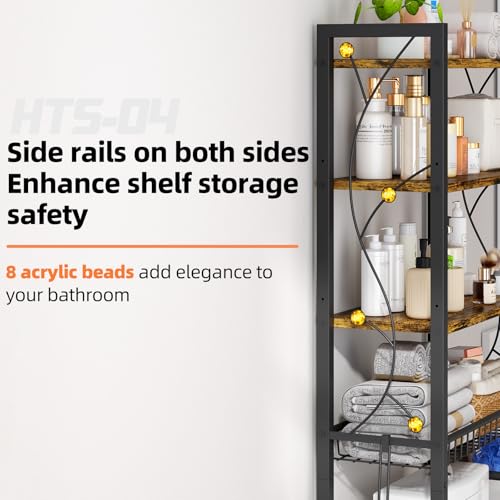 Over-The-Toilet Storage Rack, 4-Tier Bathroom Organizer Shelf Over Toilet with Adjustable Shelf and Basket, Freestanding Space Saver Bathroom Shelves Above Toilet for Room (Rustic Brown) - color: Brown