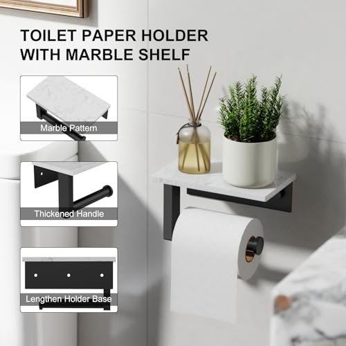 Matte Black Toilet Paper Holder with Marble Shelf Tissue Roll Holder | 304 Stainless Steel Wall Mounted Toilet Paper Roll Holder Screw-Mounted Tissue Holder for Bathroom Washroom by BATHLAVISH - color: Matte Black