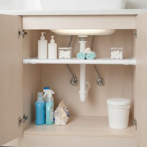 Adjustable Telescopic Tension Shelf for Under Sink Storage, No-Drill PP Plastic Cabinet Organizer Rack, White (1 Pack) - size: 16.14 x 0.51 x 0.51 in