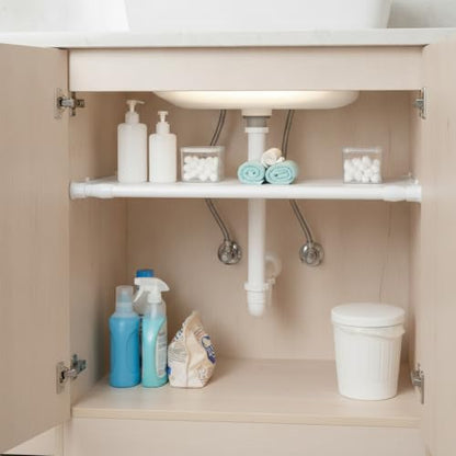 Adjustable Telescopic Tension Shelf for Under Sink Storage, No-Drill PP Plastic Cabinet Organizer Rack, White (1 Pack) - size: 16.14 x 0.51 x 0.51 in
