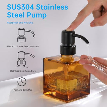 Square Bathroom Soap Dispenser Amber Bottle with Black Pump, Retangle Cube 8.4 oz Glass Bottles with Stainless Steel Pump Hand Liquid Soap Dispenser Kitchen - color: Amber Bottle + Black Pump