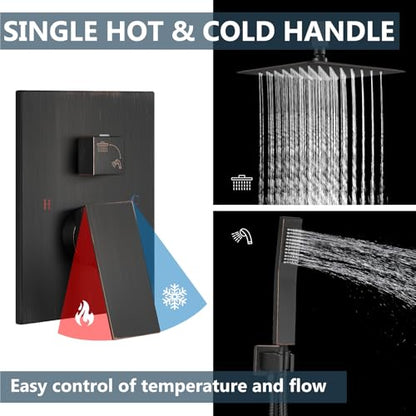 Aolemi Ceiling Shower Faucet with Handheld 10 Inch Head Oil Rubbed Bronze | Shower Valve and Trim Kit,SUS304 Rain Head and Handle Set System,All Metal,Bathroom, Handheld Spray - color: Bronze, size: 10 Inch Ceiling Shower Head