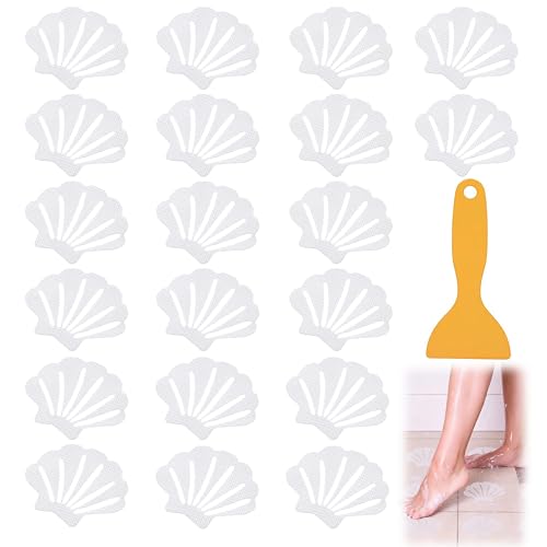 20 PCS Shell Shaped Bathtub Non Slip Stickers, Clear Cute Seashell Anti Slip Shower Treads with Premium Plastic Scraper, Waterproof No Residue Safety Grip Decals for Tub, Shower Floor