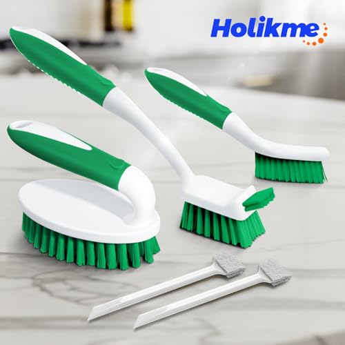 Holikme 5 Pack Cleaning Brush Scrub Brush Kitchen Brush for Floor,Green | Cleaning Brush Set for Household Use, Scrub Brush, Kitchen Brush, Tile Lines Brush for Bathroom, Floor, Tub, Shower
