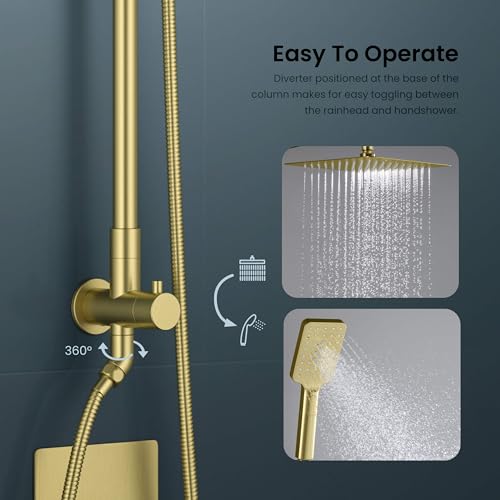 KIBI Cube 2-Function Wall Mounted Rain Shower Column | Bathroom Shower Faucet System with Solid Brass Rough-In Valve, 10" Rain Shower Head | Easy Temperature Control (Brushed Gold, KSC404) - color: Brushed Gold